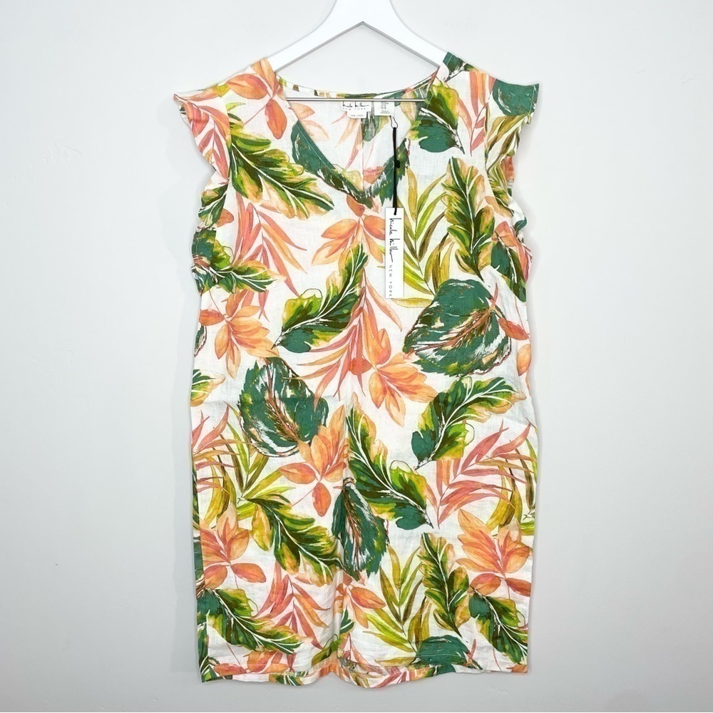 NWT Nicole Miller 100% Linen Tropical Print Shift Dress Size Medium